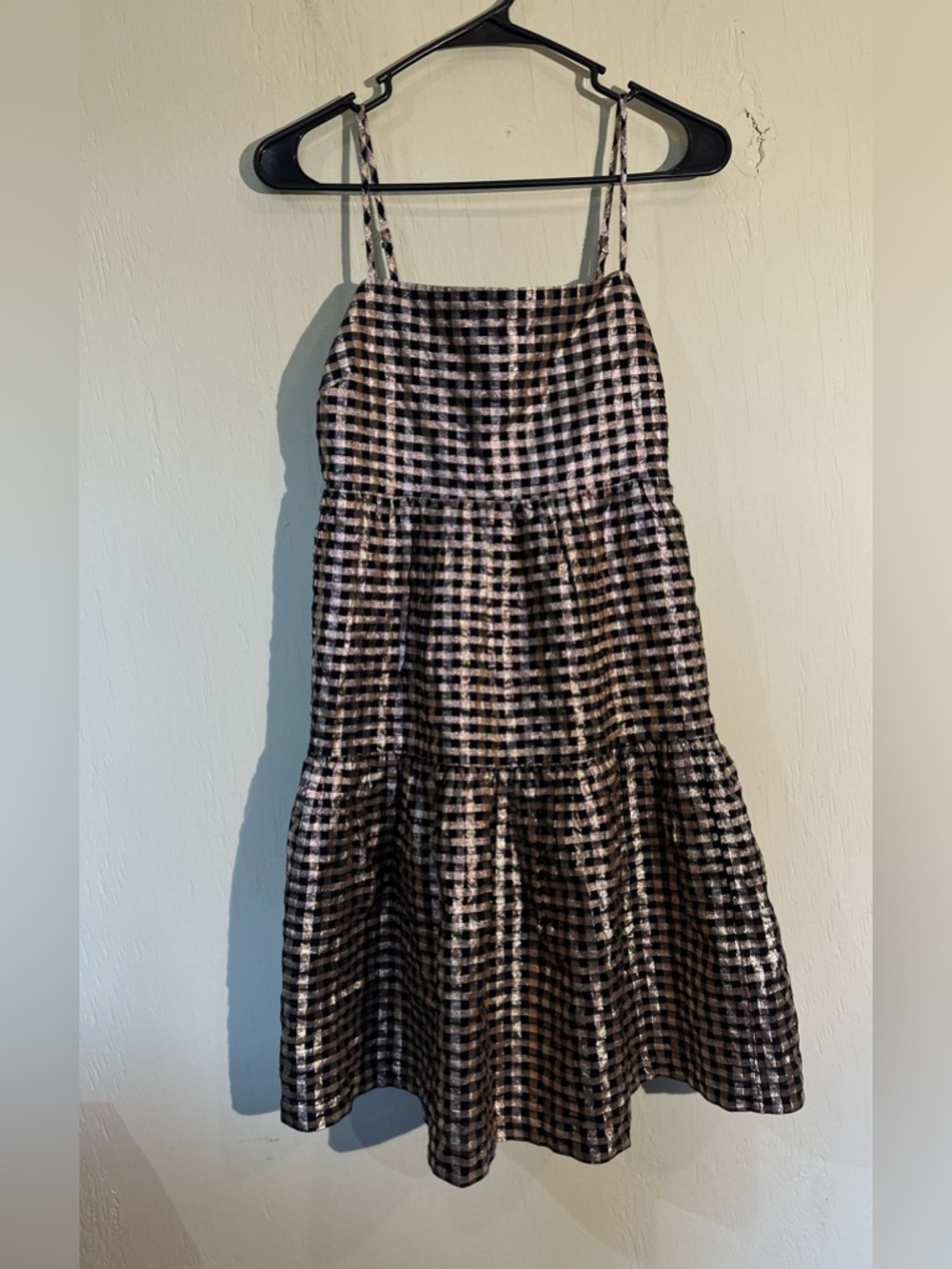 J.Crew Factory black & gold lurex metallic gingham tiered mini dress size 4